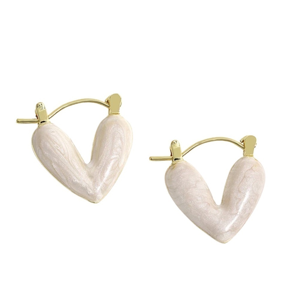 White Enamel Heart Hoop Earrings – 19x17mm Gold-Tone Alloy – Lightweight Romanti